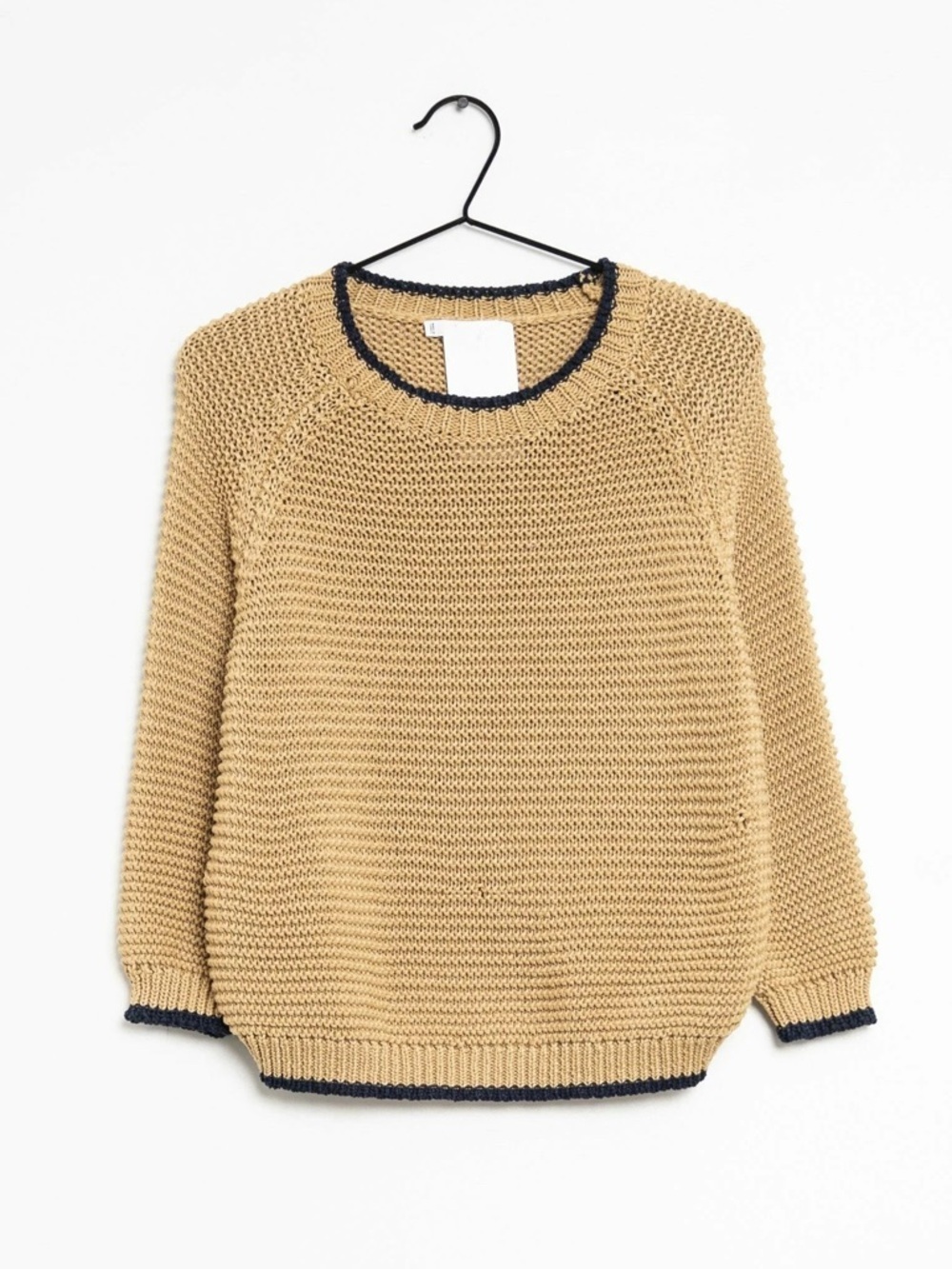 MNG suit mango Tan Crewneck Sweater with Navy Trim loose knit  small minimalist